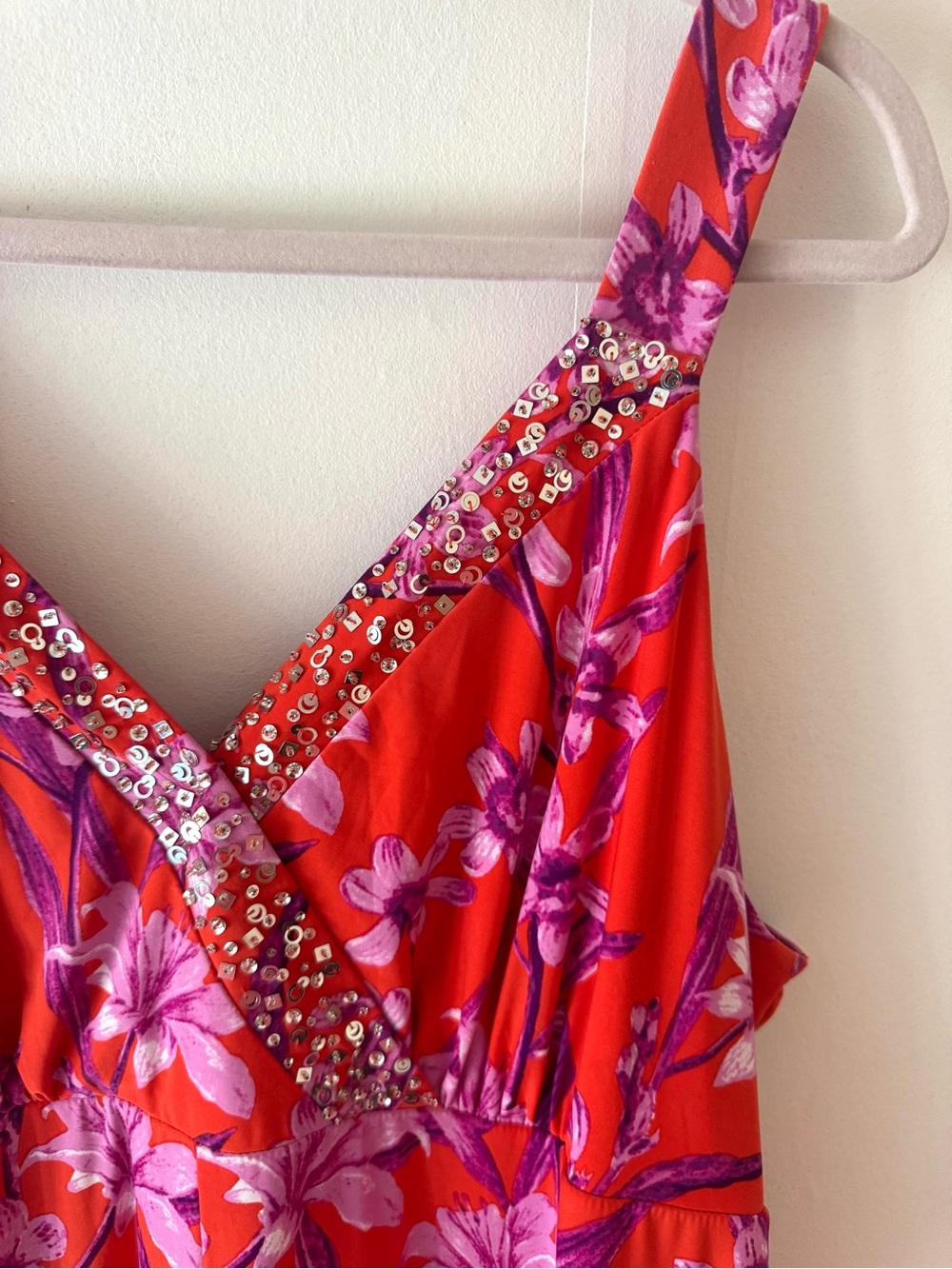 INC Red Floral V-Neck Dress with Pink Blossoms